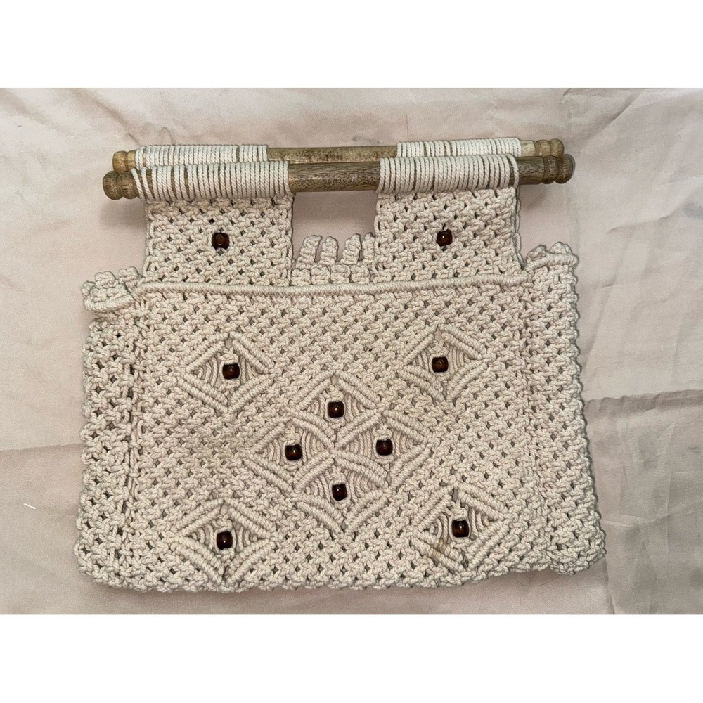Lauren‎ Nicole ivory Sandbridge wooden handle brown beaded macrame handbag NEW.